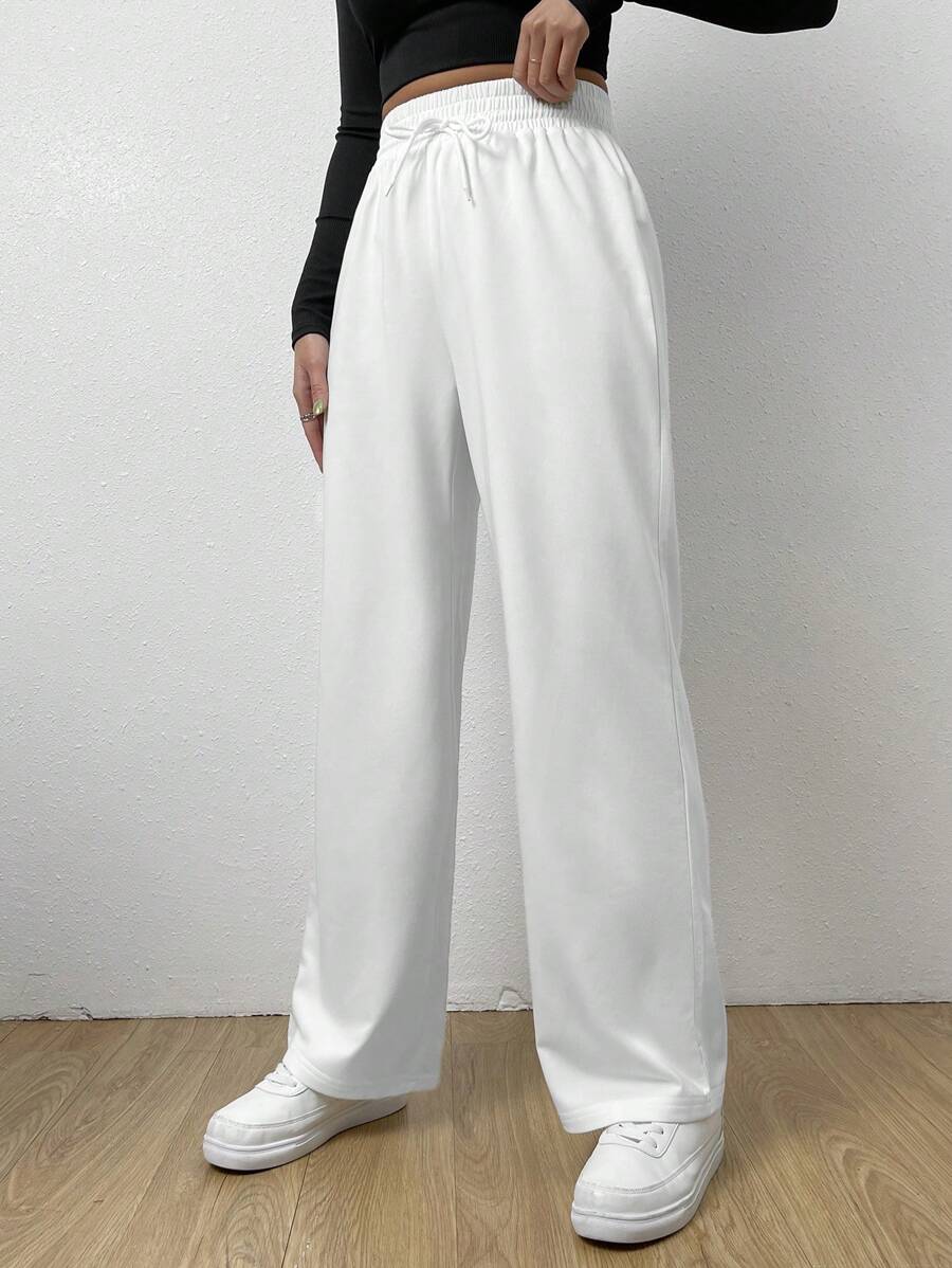 SHEIN EZwear 黑色休閒彈性腰帶前結直筒褲 - 白色 - 查看 1