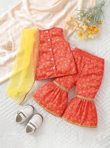 Baby Girl Sleeveless Woven Top And Flared Pants Set - Red - View 2