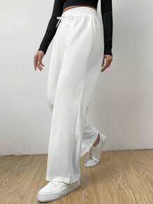 SHEIN EZwear 黑色休閒彈性腰帶前結直筒褲 - 白色 - 查看 3