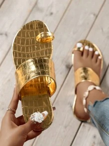 女性用開口平底滑步簡約涼鞋,柔軟鞋底 - 金色 - 查看 1