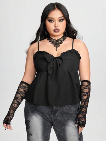 Goth Plus Frill Trim Knot Front Cami Top