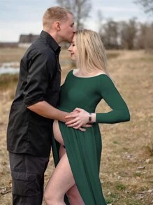 Đầm chụp ảnh bầu bằng vải chiffon phối nhiều mảnh, xẻ tà phía trước, tay dài, thích hợp cho buổi chụp ảnh mùa xuân. - Màu xanh lá cây đậm - Xem 4