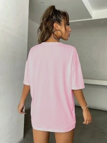 SHEIN Unity 女式汽车印花标语圆领T恤图案T恤女式上衣 - 粉色 - 查看 2