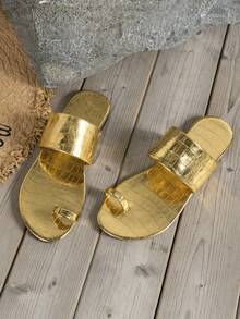 女性用開口平底滑步簡約涼鞋,柔軟鞋底 - 金色 - 查看 2