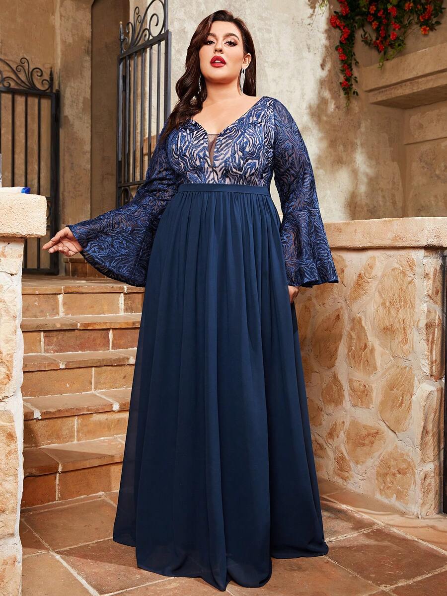 Plus Size V-Neck Lace Embroidery Long Sleeve Contrast Color Splicing Chiffon Swing Dress, Bridesmaid Dress - Blue - View 1