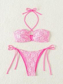 Swim Mod Sommer Strand Damen Badeanzug mit Spitzen-EinSetn, kreuzrücken und Neckholder-Design, zweiteiliger Badeanzug - Pink - Übersicht 3