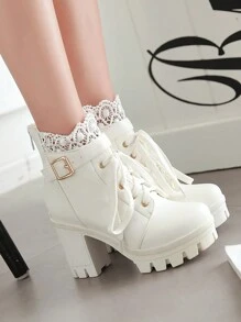 Fashion Match Jacket , Match Any Fall Clothes,White Solid Lace Trim, Buckle Detail Boots With Sweater