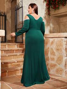 Plus Size Cold Shoulder V-Neck Sparkly Strap Decorated Long Sleeve Waist Pleated Bodycon Mermaid Dress Elegant Bridesmaid Dress - Dark Green - View 2