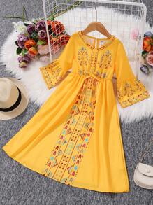 Young Girl 1pc Vintage Bohemian Bell Sleeve Dress - Yellow - View 1