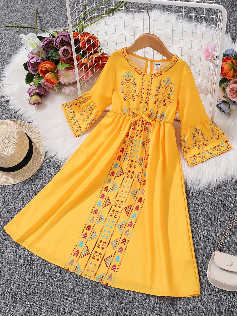 Young Girl 1pc Vintage Bohemian Bell Sleeve Dress - Yellow - View 1