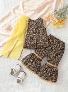 Baby Girl Mesh Contrast Sleeveless Top & Flared Pants Knitted Set - Black - View 2