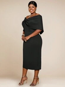 大码女式露肩蝴蝶结装饰连衣裙优雅鸡尾酒会半正式舞会婚礼宾客礼服，适合生日、毕业典礼、晚宴、返校节派对礼服