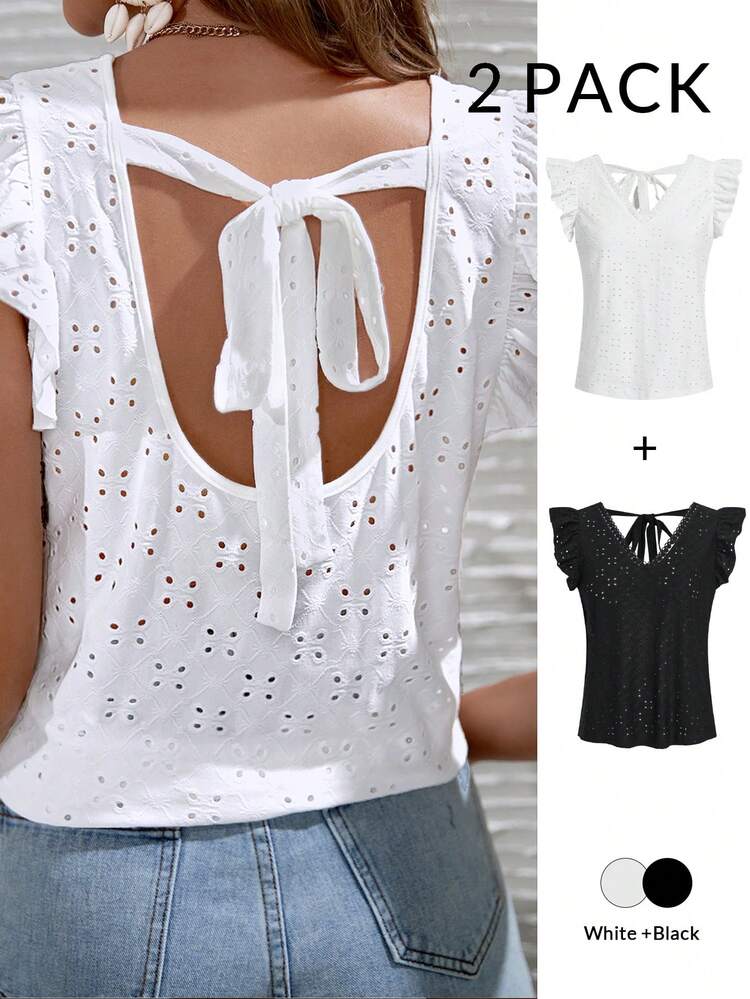 Women's Black And White 2 Pieces Colorful Skeleton Embroidered Ruffle Hem T-Shirt, Women's Solid Color Skeleton Embroidered Ruffle Hem T-Shirt, Backless T-Shirt Two Pieces, Collision Lace Splicing On The Neckline, Suitable For Casual Vacation, Going Out Everyday Summer