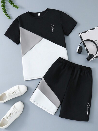 Teen Boy Casual Colorblock Short Sleeve T-Shirt And Shorts Two Pieces Set, School, Campus, College