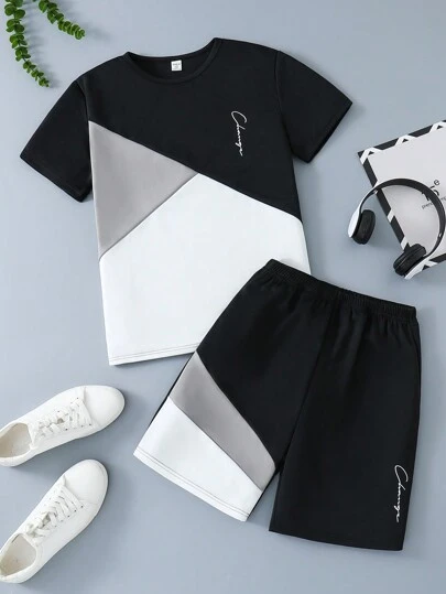 Teen Boy Casual Colorblock Short Sleeve T-Shirt And Shorts Two Pieces Set, School, Campus, College