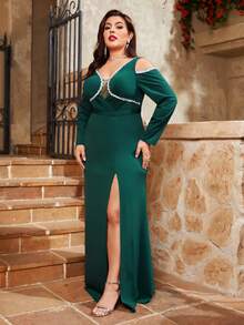 Plus Size Cold Shoulder V-Neck Sparkly Strap Decorated Long Sleeve Waist Pleated Bodycon Mermaid Dress Elegant Bridesmaid Dress - Dark Green - View 3