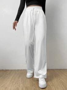 SHEIN EZwear 黑色休閒彈性腰帶前結直筒褲 - 白色 - 查看 5