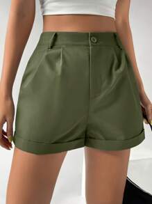 SHEIN x Marika Sila SHEIN EZwear Shorts Femininos com Bainha Plissada e Dobrada para o Verão - Verde de Exercício - Ver 6