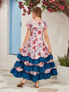 SHEIN Tween Girls' Flower Print Ruffle Trim Dress - Multicolor - View 2