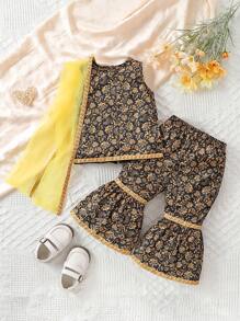 Baby Girl Mesh Contrast Sleeveless Top & Flared Pants Knitted Set - Black - View 1