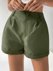SHEIN x Marika Sila SHEIN EZwear Shorts Femininos com Bainha Plissada e Dobrada para o Verão - Verde de Exercício - Ver 5