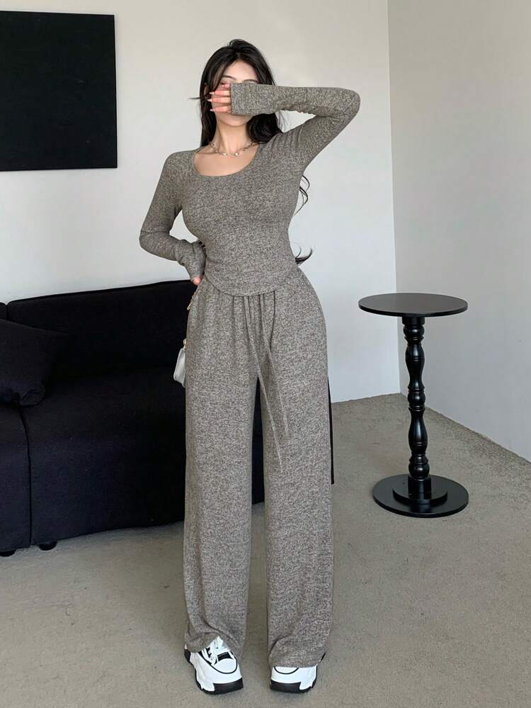 Women's Slim Fit Round Neck Long Sleeve T-Shirt And Loose Straight Pants Summer,Women Two Pieces Sets,Back To School Clothes Lounge Sets For Women