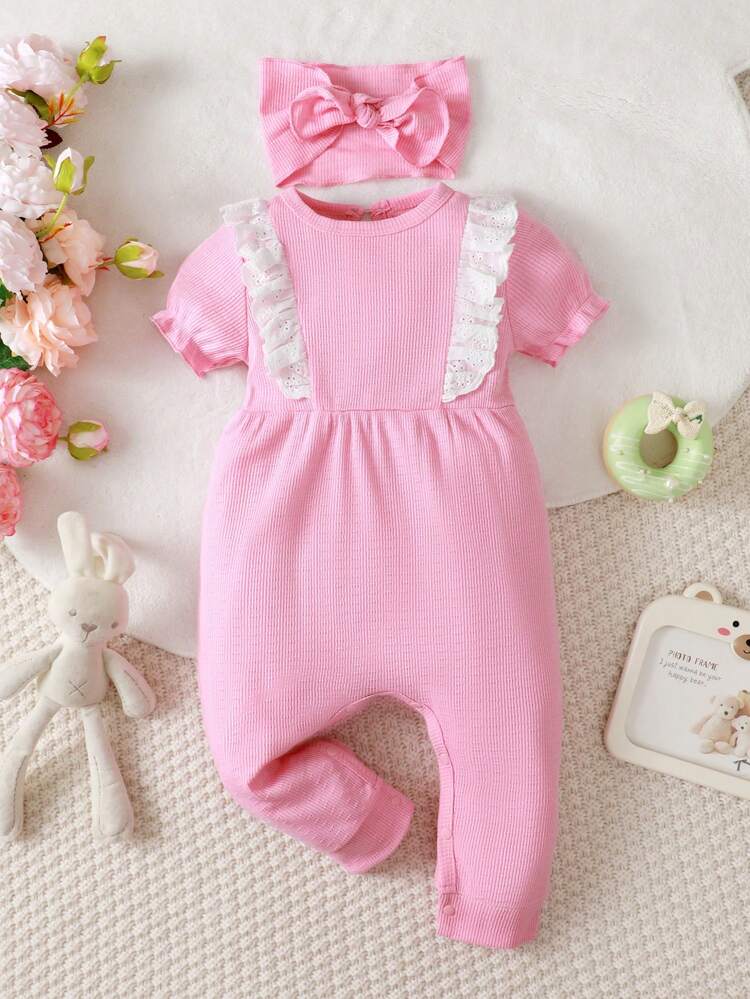 Baby Girl Knitted Jacquard Jumpsuit With Thickened Shoulders, Bubble Sleeves, And Lace Edging, With Headband For Homewear
