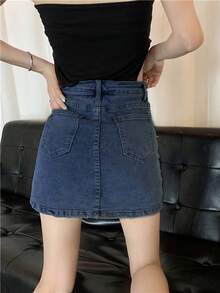 素色下擺開叉牛仔裙褲 - 中等水洗藍 - 查看 2