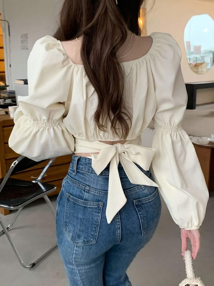 Women's Fashion Elegant Solid Color Ruffle Design Blouse,Long Sleeve Tops - Apricot - View 1