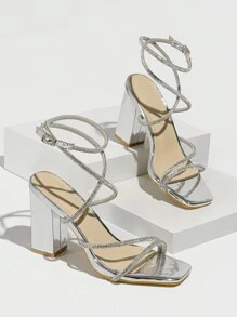 Của phụ nữ Pha lê Mùa hè Sau Buổi tiệc Dây đeo Sáng bóng Thoáng khí Dày gót chân Giày cao gót Dép xăng đan - Bạc - Xem 4