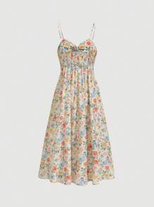 SHEIN MOD Đầm Cami không tay in hoa có dây buộc nơ, cúp ngực thiết kế dây rút Sundress - màu đen - Xem 2