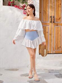 Teen Girls' Casual Elegant Cute Ruffled Layered Sleeve Top With 2 In 1 Skort Outfit - Multicolor - View 3