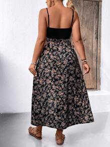 SHEIN LUNE Plus Size Floral Patchwork Wrap V-Neck Spaghetti Strap Dress Maxi Women Outfit