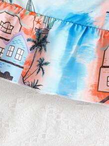 女婴度假风格荷叶边背心和棕榈树图案裙子套装，适合日常穿着，春夏季 - 藍色 - 查看 7