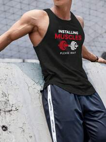 Manfinity Sport Corelite 男士口号图案运动背心 运动上衣 健身上衣 透气 - 黑色 - 查看 5
