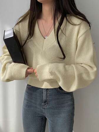 Loose V-Neck Solid Color Long Sleeve Knit Sweater For Women, Versatile & Casual