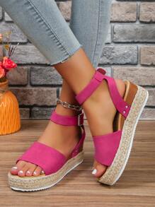 1 par de sandálias femininas da moda com sola grossa e fivela, sola grossa trançada para maior conforto, adequadas para uso diário no verão, ocasiões casuais e deslocamentos, sandálias plataforma modernas e práticas. - Rosa Quente - Ver 5