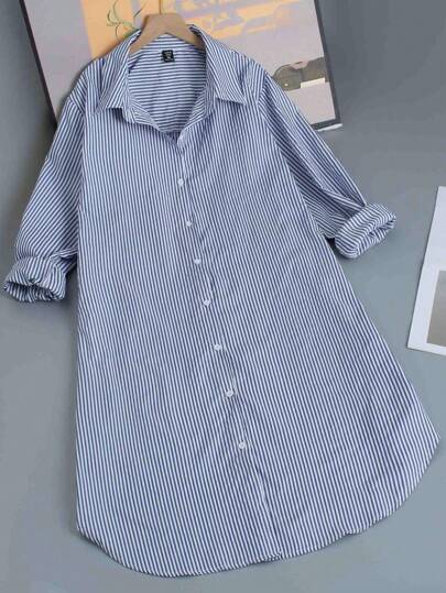 EMERY ROSE Women's Plus Size Striped Shirt Dress With Lapel Collar And Buttons Fall Cloth For Women