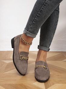 女性春/秋時尚圓頭麂皮皮革懶人鞋,附金屬扣 - 灰色 - 查看 3