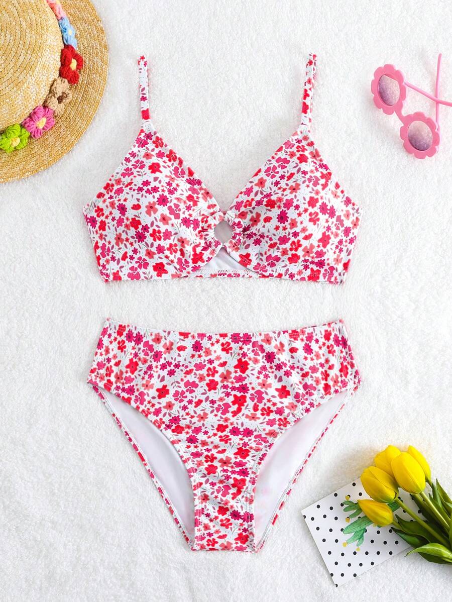 SHEIN Teen Girl's Small Flower Printed Bikini Set With Spaghetti Straps - Multicolor - View 1