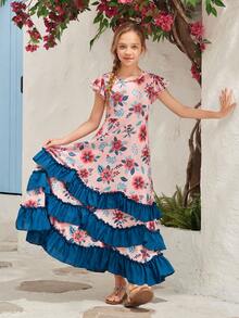 SHEIN Tween Girls' Flower Print Ruffle Trim Dress - Multicolor - View 3