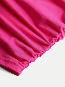 SHEIN Girlism Camiseta De Malha De Manga Curta Enrugada E Lisa De Cor Sólida Para Adolescentes Com Decote Redondo E Um Acessório De Cabelo - Pink - Visão 4