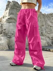 SHEIN EZwear Calça Cargo Tipo Pára-Quedas Solta e Amassada - Pink - Visão 3