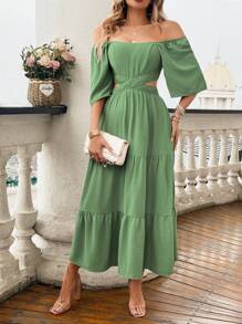 Rafferiza Đầm Maxi Dài Cổ Vuông Màu Trơn Có Viền Rỗng Xếp Nếp Cho Nữ - màu xanh lá - Xem 5
