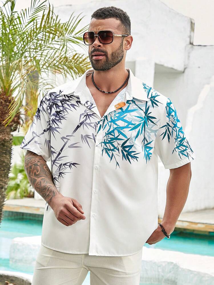 Men's Plus Size Bamboo Printed Button-Down Collar Short Sleeve Shirt