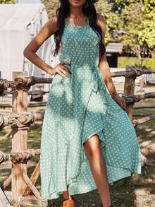 Chấm bi In Ruffled Halter Neck Váy quấn Cho mùa hè Kỳ nghỉ - màu xanh lá - Xem 4