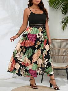 Amarilo 加大码女式花卉印花蕾丝拼布开衩吊带连衣裙（印花随机），适合夏季度假 - 黑色 - 查看 3