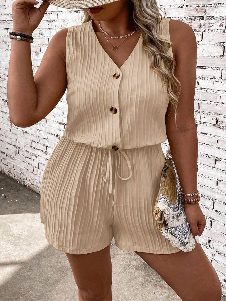 EMERY ROSE Monos Sin Mangas De Talla Grande Con Cuello En V, Decoración De Botones - Albaricoque - Añade 1