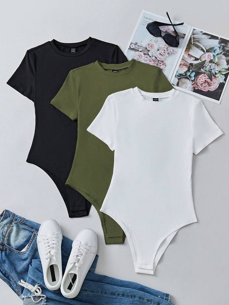 SHEIN Unity Bộ đồ liền thân thường ngày ngắn tay có cổ tròn cho nữ cho mùa hè - Nhiều màu - Xem 1