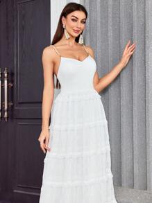 多层褶皱珍珠装饰长款婚纱，新娘送礼会礼服 - 白色 - 查看 6